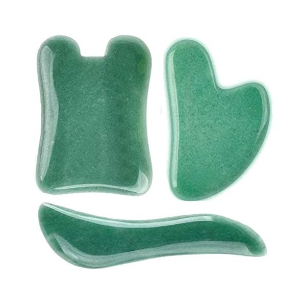 PinCute Lot de 3 outils de massage Gua Sha en jade naturel pour le traitement de lacupuncture, réduction des douleurs du cou