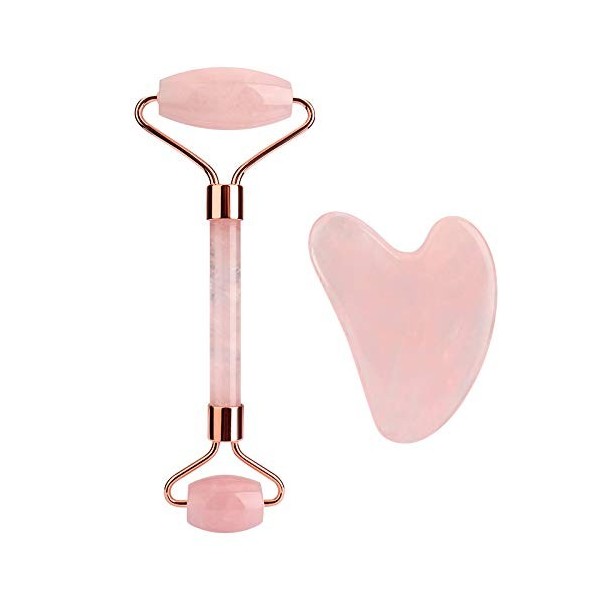 100% Naturel Rose Quartz Jade Roller & Gua Sha Set, Jade Facial Roller Double Cou Guérison Minceur Massager Anti-Âge, Éclairc