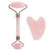 100% Naturel Rose Quartz Jade Roller & Gua Sha Set, Jade Facial Roller Double Cou Guérison Minceur Massager Anti-Âge, Éclairc