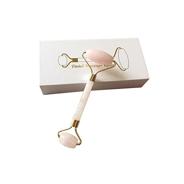 100% Naturel Rose Quartz Jade Roller & Gua Sha Set, Jade Facial Roller Double Cou Guérison Minceur Massager Anti-Âge, Éclairc