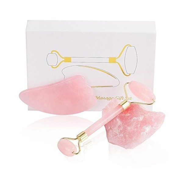 100% Naturel Rose Quartz Jade Roller & Gua Sha Set, Jade Facial Roller Double Cou Guérison Minceur Massager Anti-Âge, Éclairc