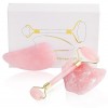 100% Naturel Rose Quartz Jade Roller & Gua Sha Set, Jade Facial Roller Double Cou Guérison Minceur Massager Anti-Âge, Éclairc