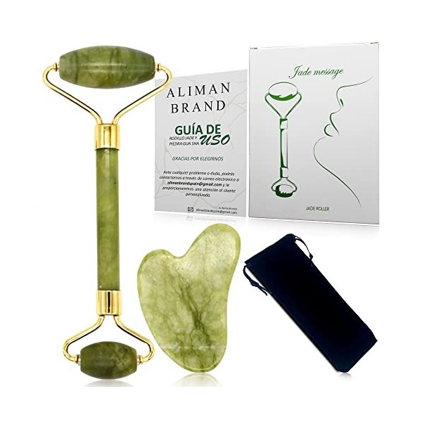 Rouleau facial Jade + Gua Sha - Masseur facial et Corporal - Améliore les signes de lâge - Anti-vieillissement et rayures - 