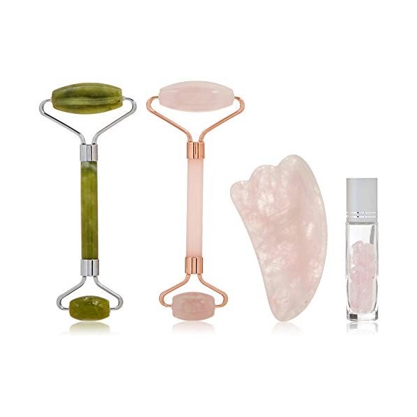 Jade Roller and Gua Sha Gift Set,4-in-1 Natural Rose Quartz and Real Jade Stone Face Massager kit,Anti-Aging Beauty Tools for