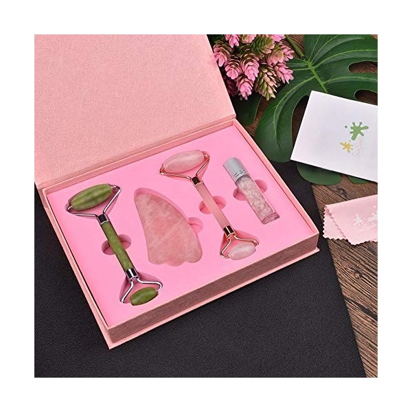 Jade Roller and Gua Sha Gift Set,4-in-1 Natural Rose Quartz and Real Jade Stone Face Massager kit,Anti-Aging Beauty Tools for