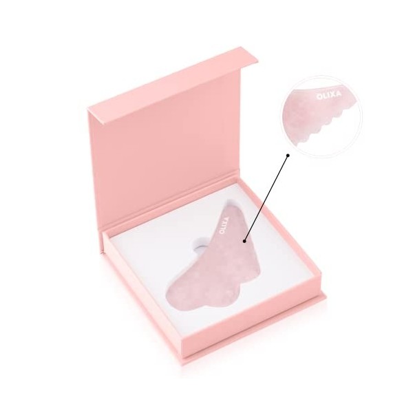 Olixa Beauty Gua Sha Outil de massage du visage en quartz rose – Planche à gratter – Rouleau pour le visage – Forme unique – 