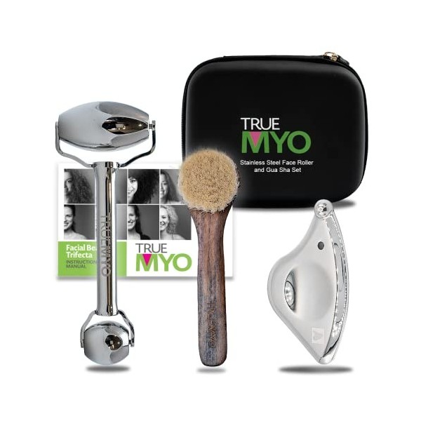 TrueMyo Kit de beauté Trifecta – Ensemble doutils pour le visage Gua Sha, comprend un rouleau pour le visage, une brosse sèc