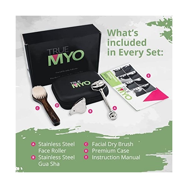 TrueMyo Kit de beauté Trifecta – Ensemble doutils pour le visage Gua Sha, comprend un rouleau pour le visage, une brosse sèc