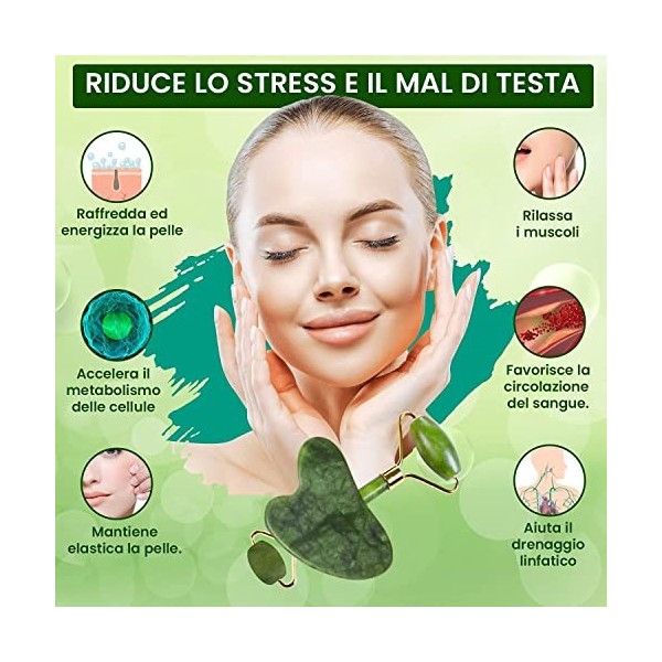 Rouleau de Jade Authentique 100% Dorigine avec Sérum 2 Gua Sha & Sac, Massager Beauté Roller, Kit de Nettoyage du Visage, Sk