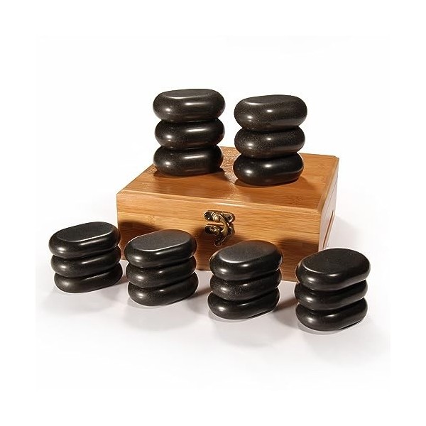 Master Massage Hot Stone Lot de 18 pierres de basalte 100% naturelles dans une boîte décorative en bambou