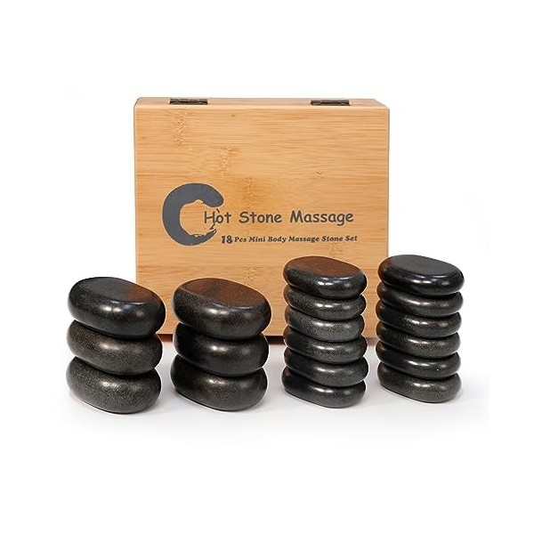 Master Massage Hot Stone Lot de 18 pierres de basalte 100% naturelles dans une boîte décorative en bambou