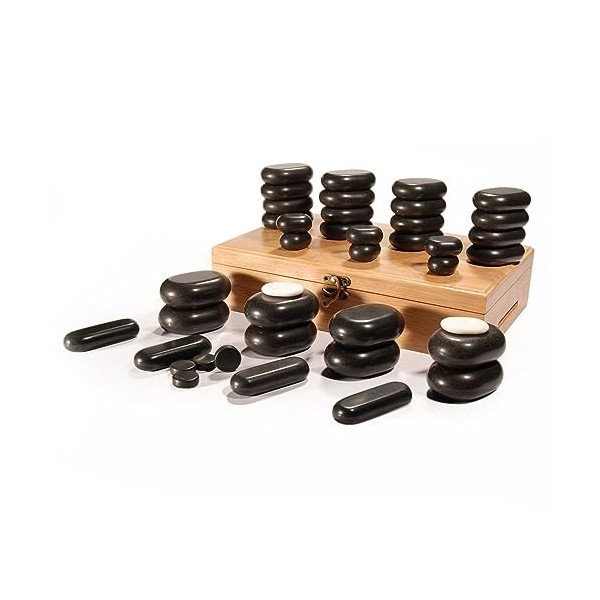 Master Massage Chaud Pierre Set 100% Basalte Rocks Pour Spa Corps Massage Avec Bambou Boîte - Noir, 40pcs