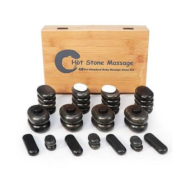 Master Massage Chaud Pierre Set 100% Basalte Rocks Pour Spa Corps Massage Avec Bambou Boîte - Noir, 40pcs