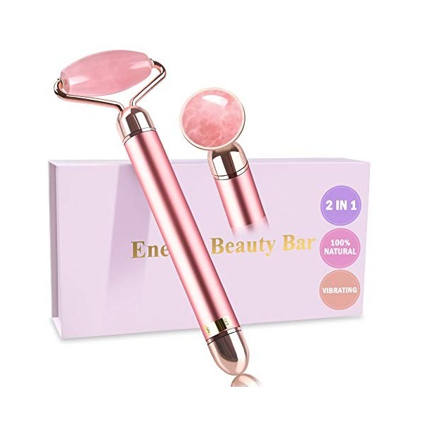 Rouleau de massage vibrant 2 en 1 en jade pour le visage - Anti-âge - Réduit les rides, amincit et raffermit la peau