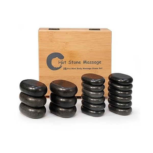 31133 Master Massage Hot Stone Set de 18 pierres de massage Lava vocano Lot de 18 pièces avec une belle boîte en bambou Noir