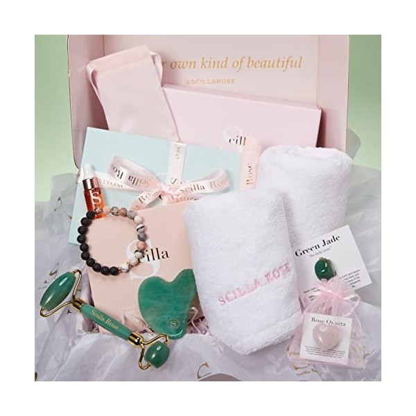 Coffret cadeau spa pour femme - Rouleau visage en jade et Gua Sha Beauty - Bracelet diffuseur de lave avec huile de lavande, 