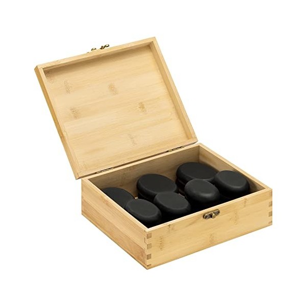 Navaris Pierres chaudes massage - Lot 6x pierre naturelle avec boîte en bois - Kit accessoire spa relaxation hammam salle de 