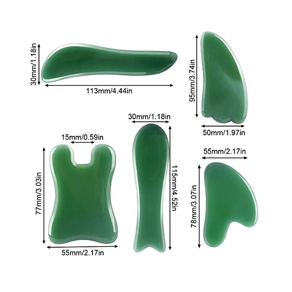 Lot de 5 outils de massage Gua Sha en pierre de jade naturelle - Pour le soin du visage et du corps - Pour le soin du visage 