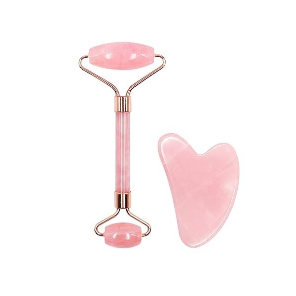 SULIUDAJI 2 Pièces Gua Sha Quartz Rose Corps, Gua Sha Pour Visage, Rouleaux De Massage Pour Le Visage, Pierre Gua Sha Pour Le