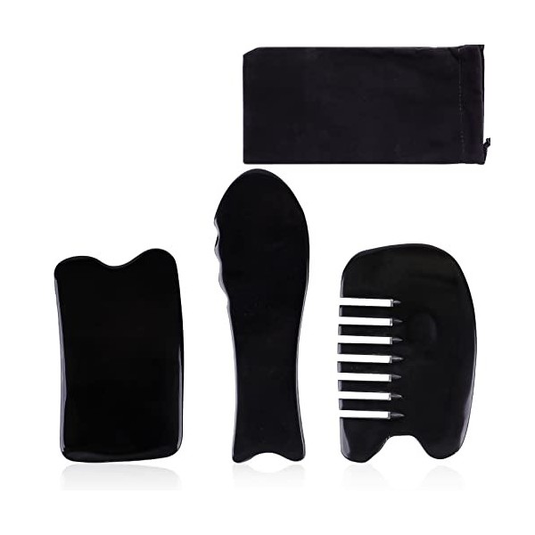 Gua Sha, 3 pièces de corne de buffle naturelle Gua Sha avec poches, grattoir pour le visage et le cou, outil de massage en 3 