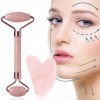 YYwenting Rouleau de jade et Gua Sha - Rouleau de massage en quartz rose - Rouleau de massage pour le visage, les yeux, le co