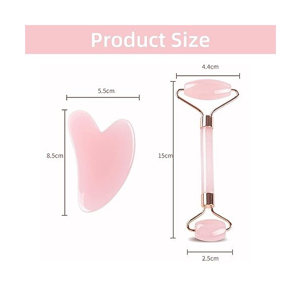 JEKUGOT Rouleau de jade et Gua Sha - Outils de soins de la peau - Rouleau de massage au quartz rose pour le visage, le cou, l