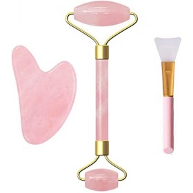 Techstr Rouleau de jade avec ensemble de massage Gua Sha 3 pièces – Rouleau facial pour traitement des poches oculaires, ra