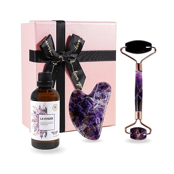 Soulnioi Rouleau de jade améthyste et cœur Gua Sha Kit de grattage pour le visage Outil de soins de la peau Outils de massage