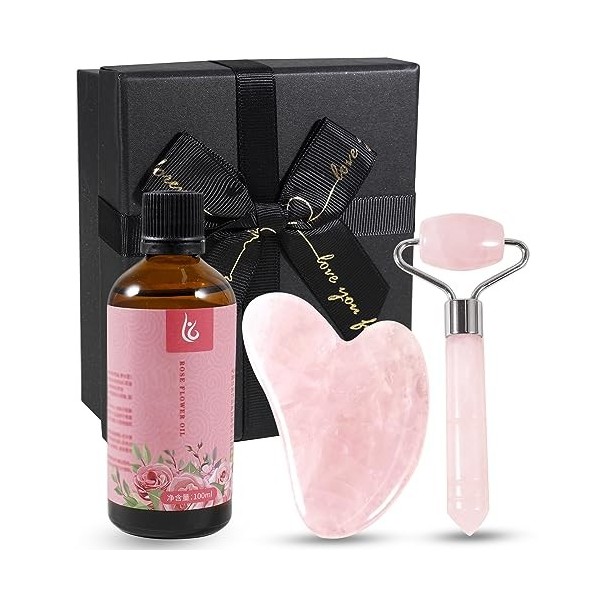 Soulnioi Kit de grattage Gua Sha en jade rose et cœur - Outil de massage pour le visage, le cou, le visage et le corps - Cade