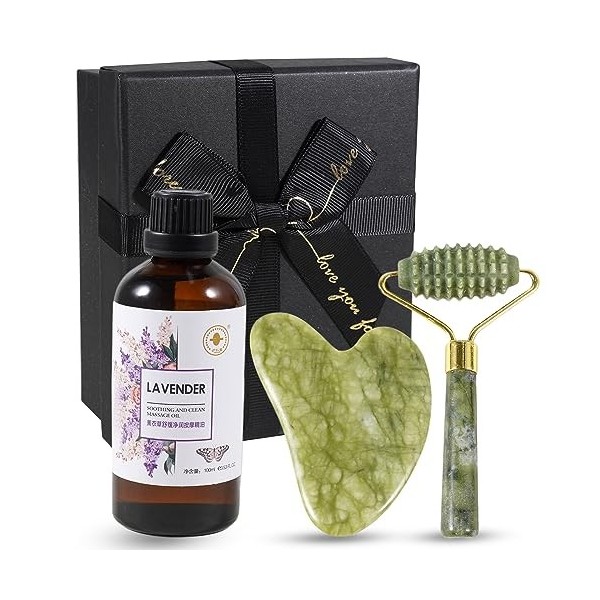 Soulnioi Rouleau de massage vert strié et cœur Gua Sha Stone Kit de rouleau de soin de la peau Outils de massage Grattoir en 