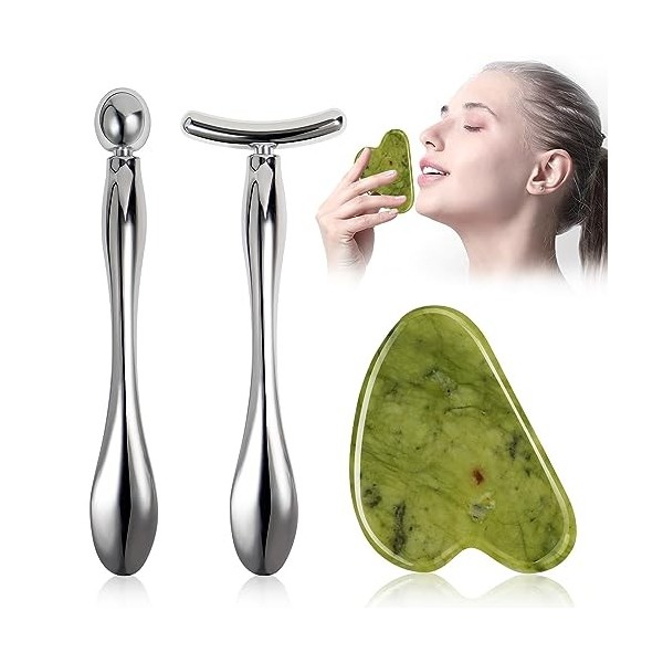 1 outil de massage Gua Sha Jade et 2 outils Gua Sha en acier inoxydable, outil de massage pour le visage et les yeux, pour le