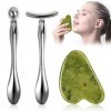 1 outil de massage Gua Sha Jade et 2 outils Gua Sha en acier inoxydable, outil de massage pour le visage et les yeux, pour le