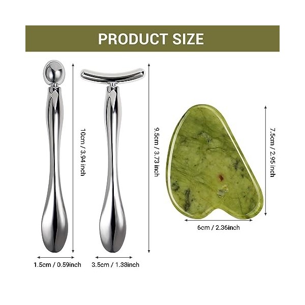 1 outil de massage Gua Sha Jade et 2 outils Gua Sha en acier inoxydable, outil de massage pour le visage et les yeux, pour le