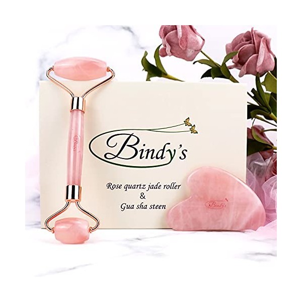 Rouleau de jade de quartz rose avec pierre de Gua Sha dans lemballage cadeau -Rouleau de massage facial – Rouleau daméthyst