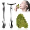 Lot de 3 outils Gua Sha Gua Sha Jade et Gua Sha Acier Inoxydable Rouleau de Massage Visage Jade Visage Pierre de Massage Mass