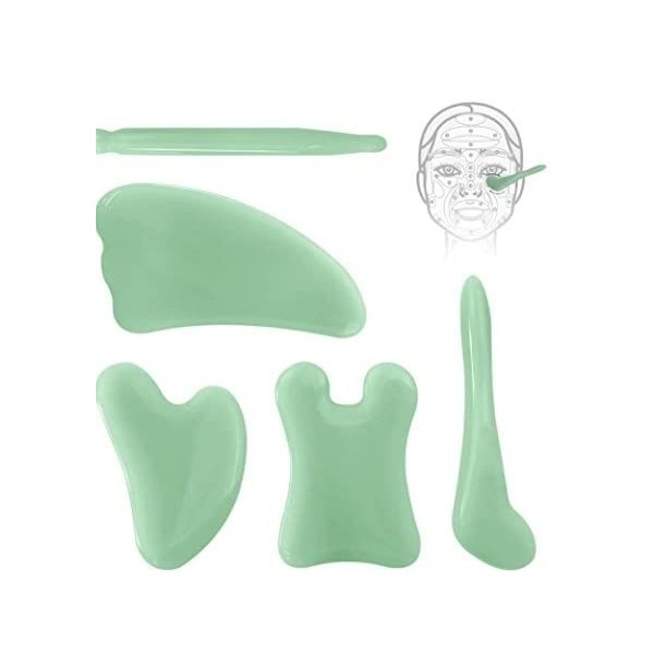 3 Pièces Jade Gua Sha, Outil de Massage Facial Gua Sha Vert Clair Gua Sha Pierre de Jade avce Sac en Flanelle, Guasha Conseil