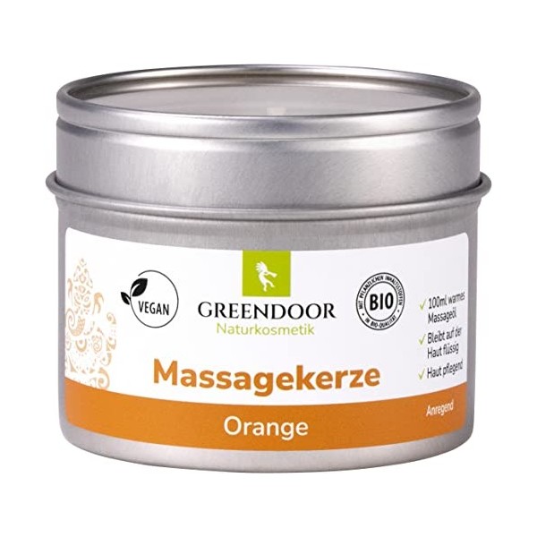 Bougie de massage ORANGE bio 100ml, GREENDOOR, reste liquide, ne sémiette pas sur la peau, vegan à la cire de soja et aux hu