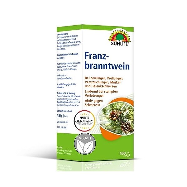 Sunlife Franzbranntwein contre les claquages, contusions, entorses, douleurs musculaires et articulaires 500 ml