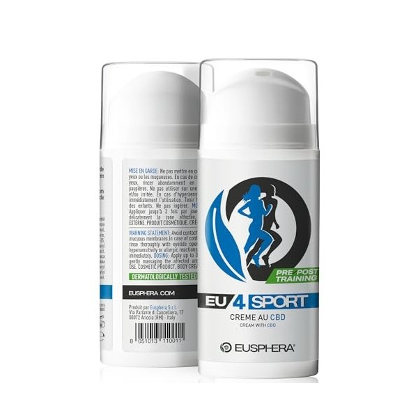 EUSPHERA - EU4SPORT - Crème de massage sportif pour la fatigue musculaire post-entraînement 100% naturelle avec CBD, griffe d