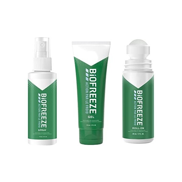 Biofreeze Lot de 1 Roll-On 89ml, 1 Spray 118ml & 1 Tube 118 ml Action per le Froid - Soulage les douleurs musculaires et arti