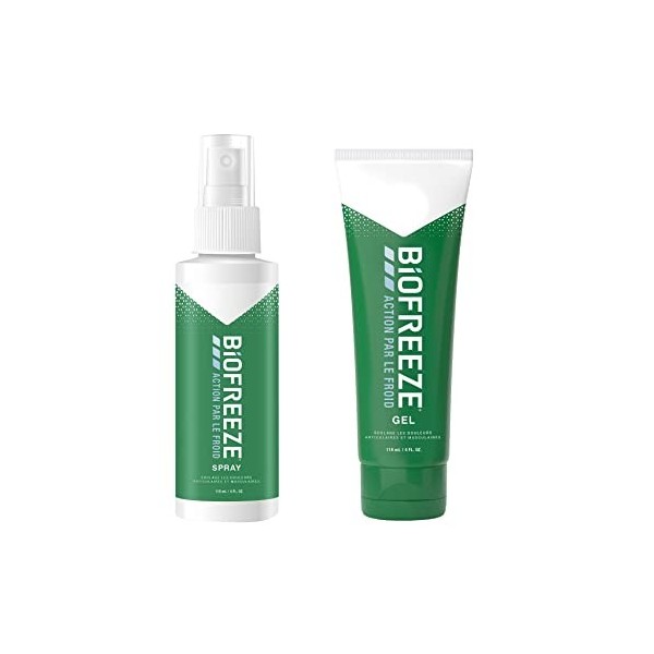 Biofreeze - Lot de 1 Tube Gel 118ml & de 1 Spray 118ml Action par le Froid - Soulage les douleurs musculaires et articulaires