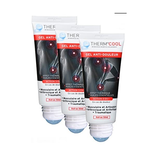 Polidis THERMCOOL Anti Douleur Gel Tube Roll-on 50ml - Action 3 en 1 - Effet Thermique - Lot de 3 Tubes