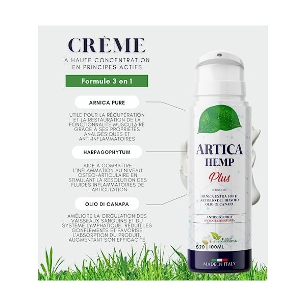 HEMP PHYTOMEDICAL - Artica Hemp Plus | Crème gel à base d’Arnica Pure, Griffe du Diable et Huile de Chanvre | Pour tous types