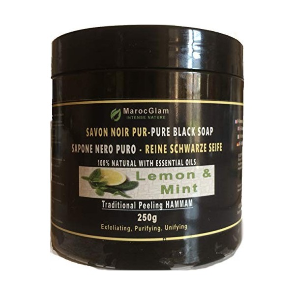 Savon Noir Gommage 250g + Gant kessa OFFERT_Huile dOlive BIO enrichi aux huiles essentielles menthe et citron, gommage rafra