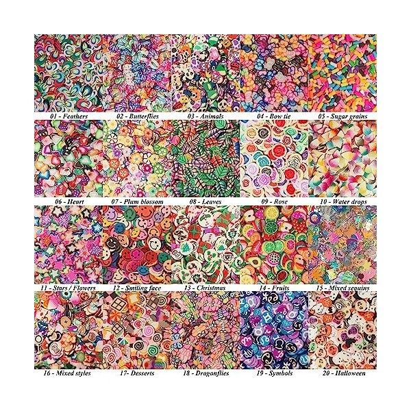 VEINARDYL Lot de 16 000 disques dargile 20 styles pour nail art, fruits, cœur, fleur, argile polymère 3D, pour bricolage, 