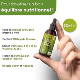 Huile de Chanvre 60ml, Gouttes Vegan et Pure, Pressée à Froid - 1850mg dHuile de Graines de Chanvre - Source dAcides Gras E
