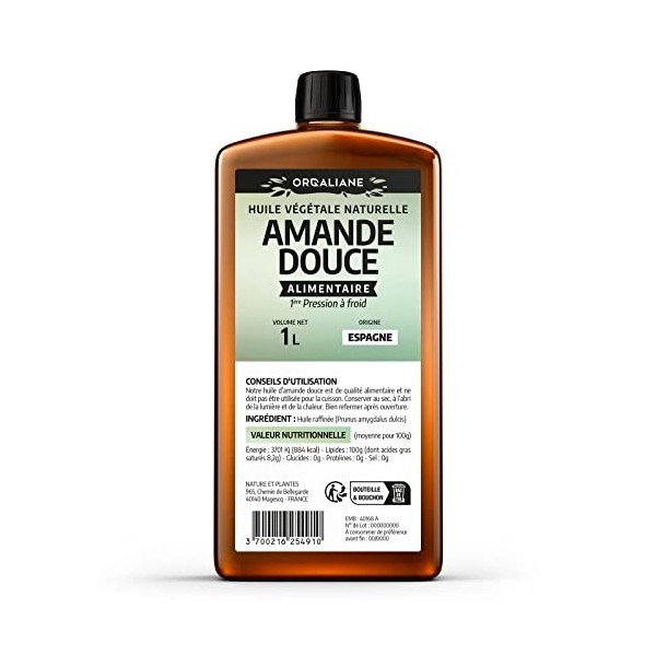 Huile dAmande Douce -Orgaliane - 1 Litre - 100% Naturelle - Sans OGM - Pression à froid