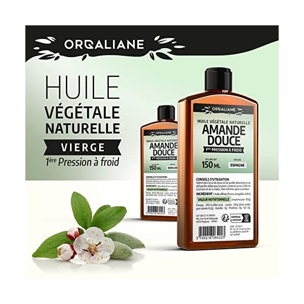 Huile dAmande Douce -Orgaliane - 1 Litre - 100% Naturelle - Sans OGM - Pression à froid