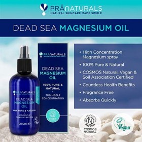 PraNaturals Huile de magnésium de la Mer Morte à vaporiser 250 ml. Certifié par lassociation Cosmos Natural, Vegan & Soil