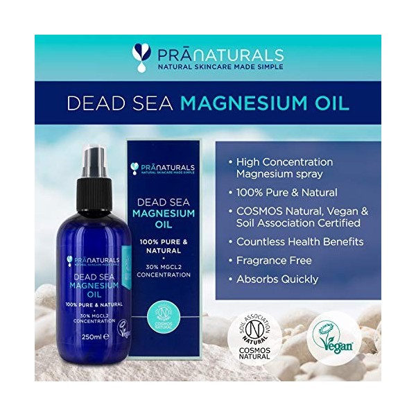 PraNaturals Huile de magnésium de la Mer Morte à vaporiser 250 ml. Certifié par lassociation Cosmos Natural, Vegan & Soil
